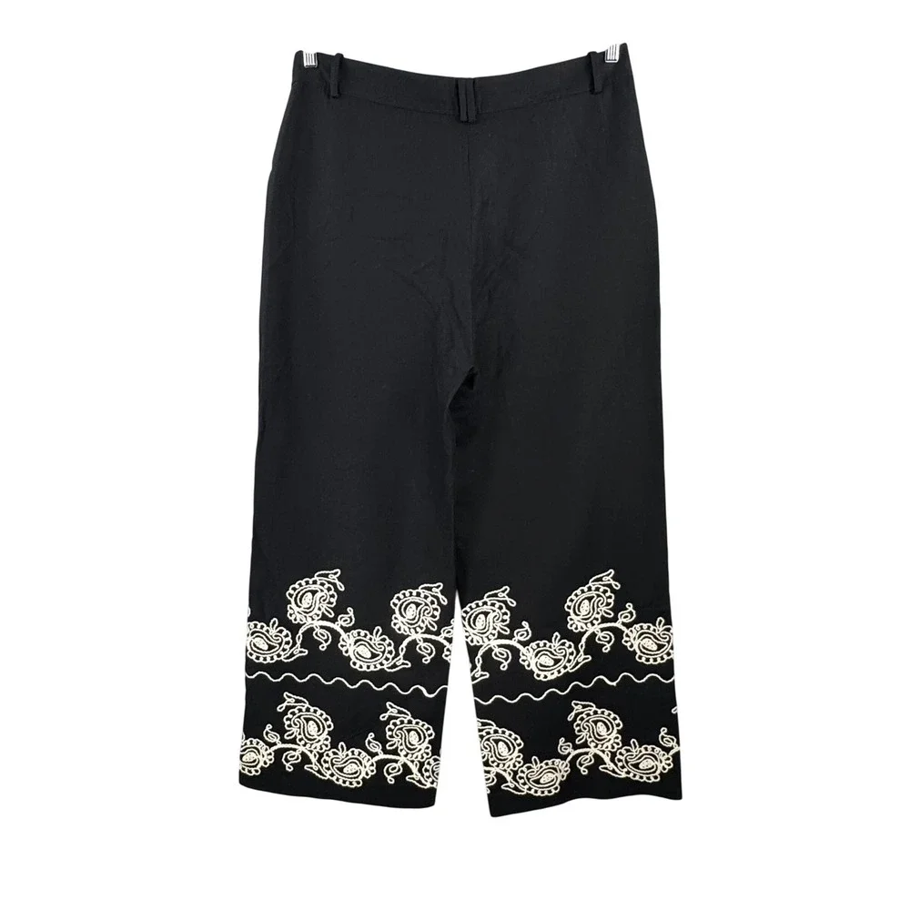 Zara Wide Leg Pants sz XXL Black Embroidered Linen Blend Paisley boho
